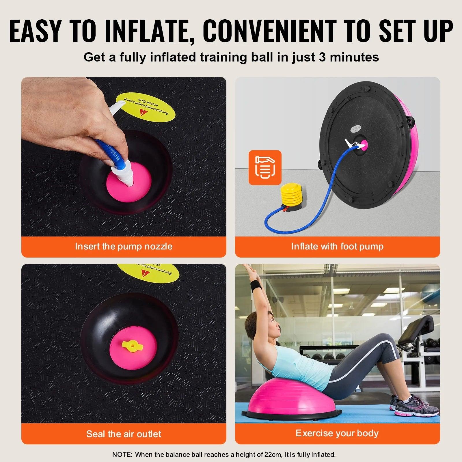 Half Balance Ball Trainer, 23-Inch Stability Ball with a 660Lbs Weight Limit, Includes Resistance Bands & Foot Pump for a Comprehensive Home Gym Experience, Ideal for Full Body Fitness, Pink