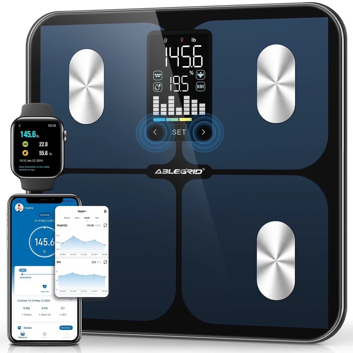 Smart Digital Scale for Body Weight and Fat Percentage Battery Powered, BMI Muscle Mass Composition Analyzer with Fitness App, 400Lb