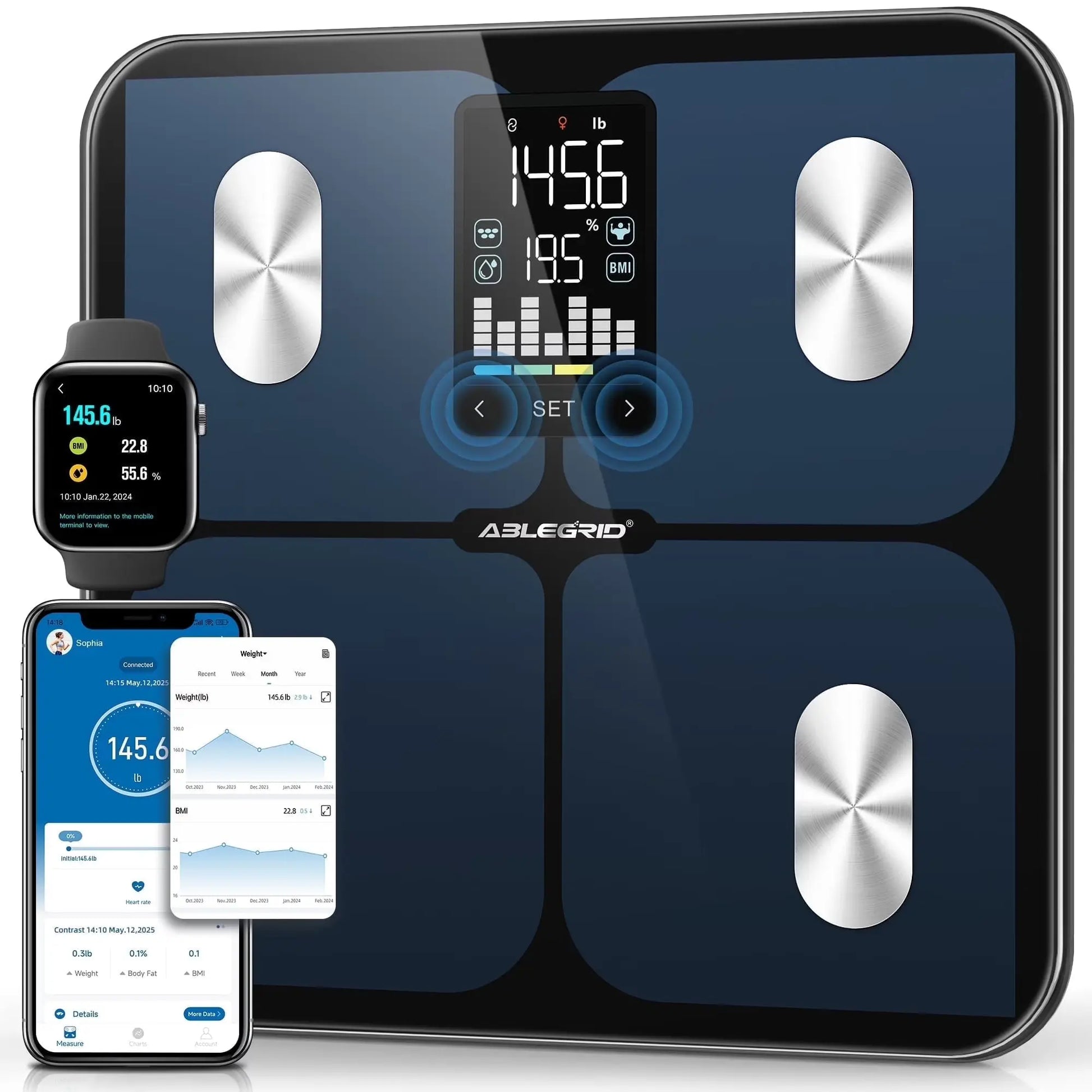 Smart Digital Scale for Body Weight and Fat Percentage Battery Powered, BMI Muscle Mass Composition Analyzer with Fitness App, 400Lb