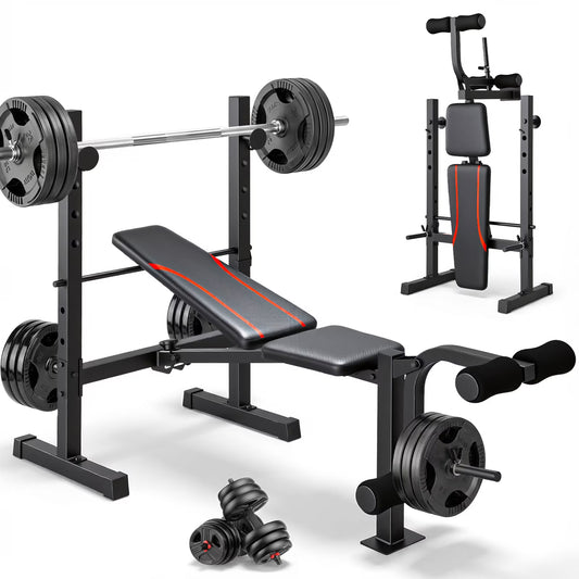 600LBS Foldable Weight Bench with Leg Extension and Leg Curl, Adjustable Workout Bench Set with Squat Rack, Olympic Bench Press for Home Gym Full-Body Strength Training