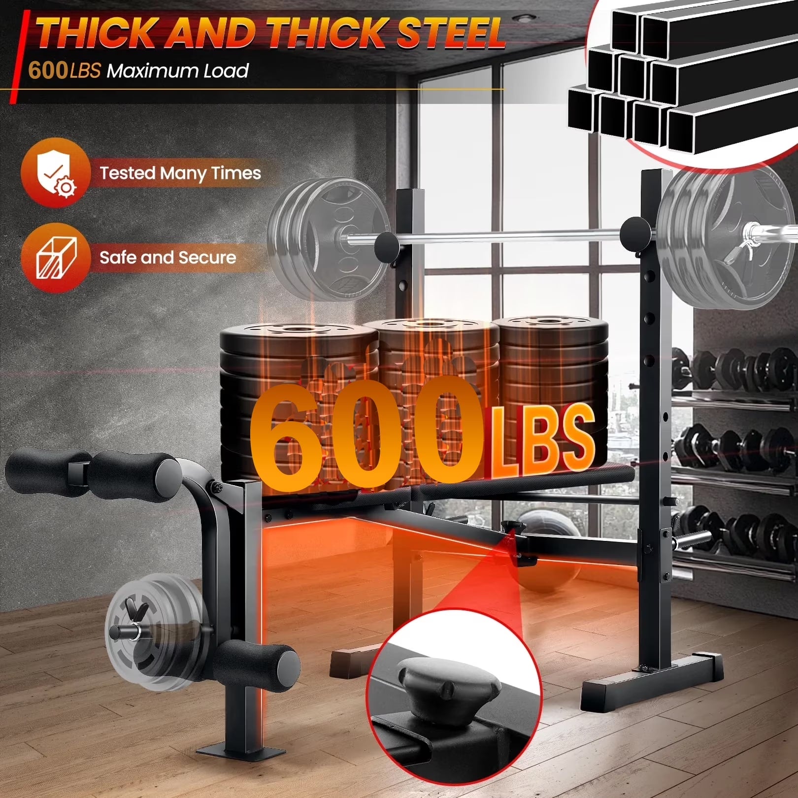 600LBS Foldable Weight Bench with Leg Extension and Leg Curl, Adjustable Workout Bench Set with Squat Rack, Olympic Bench Press for Home Gym Full-Body Strength Training