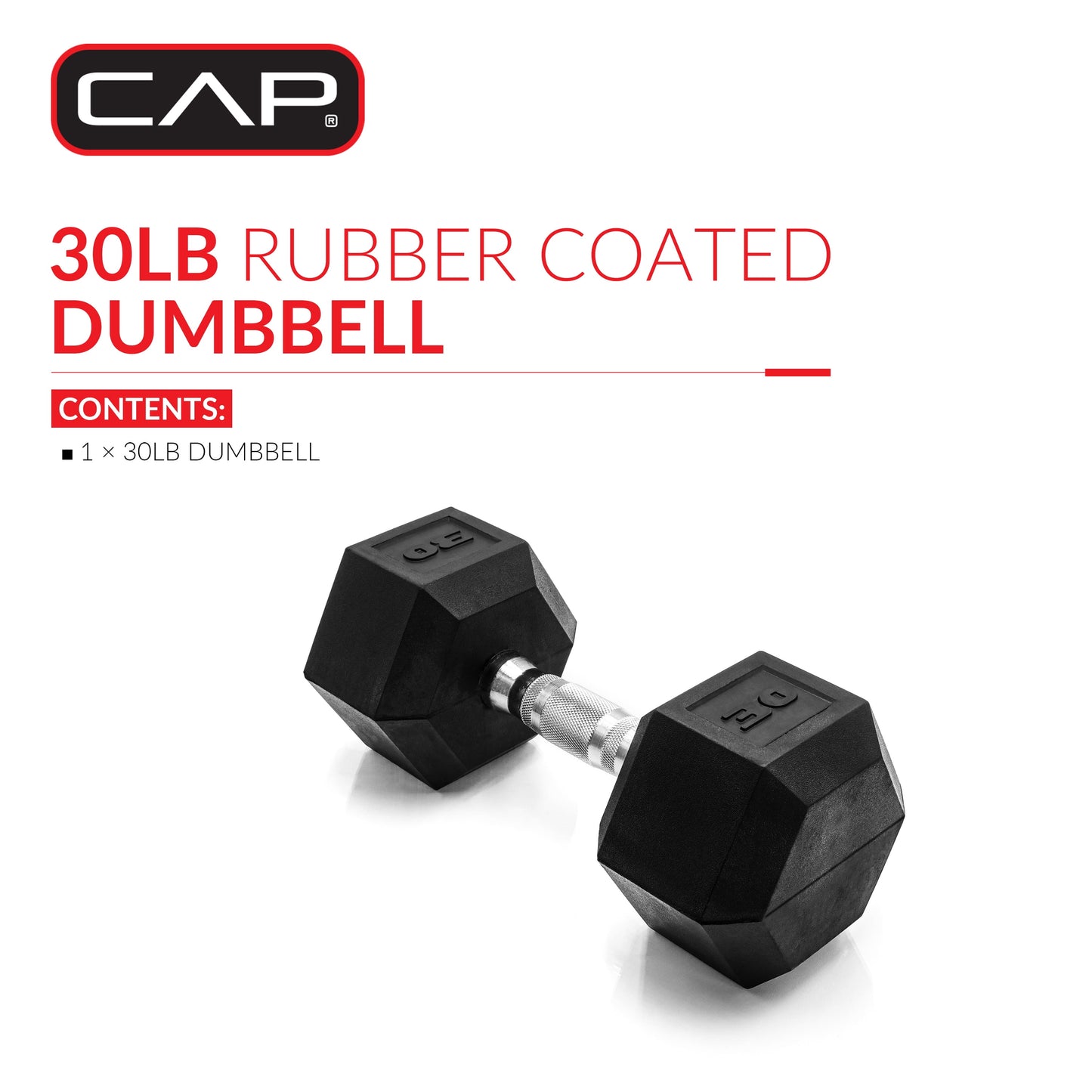 Barbell, 30Lb Rubber Hex Dumbbell, Single