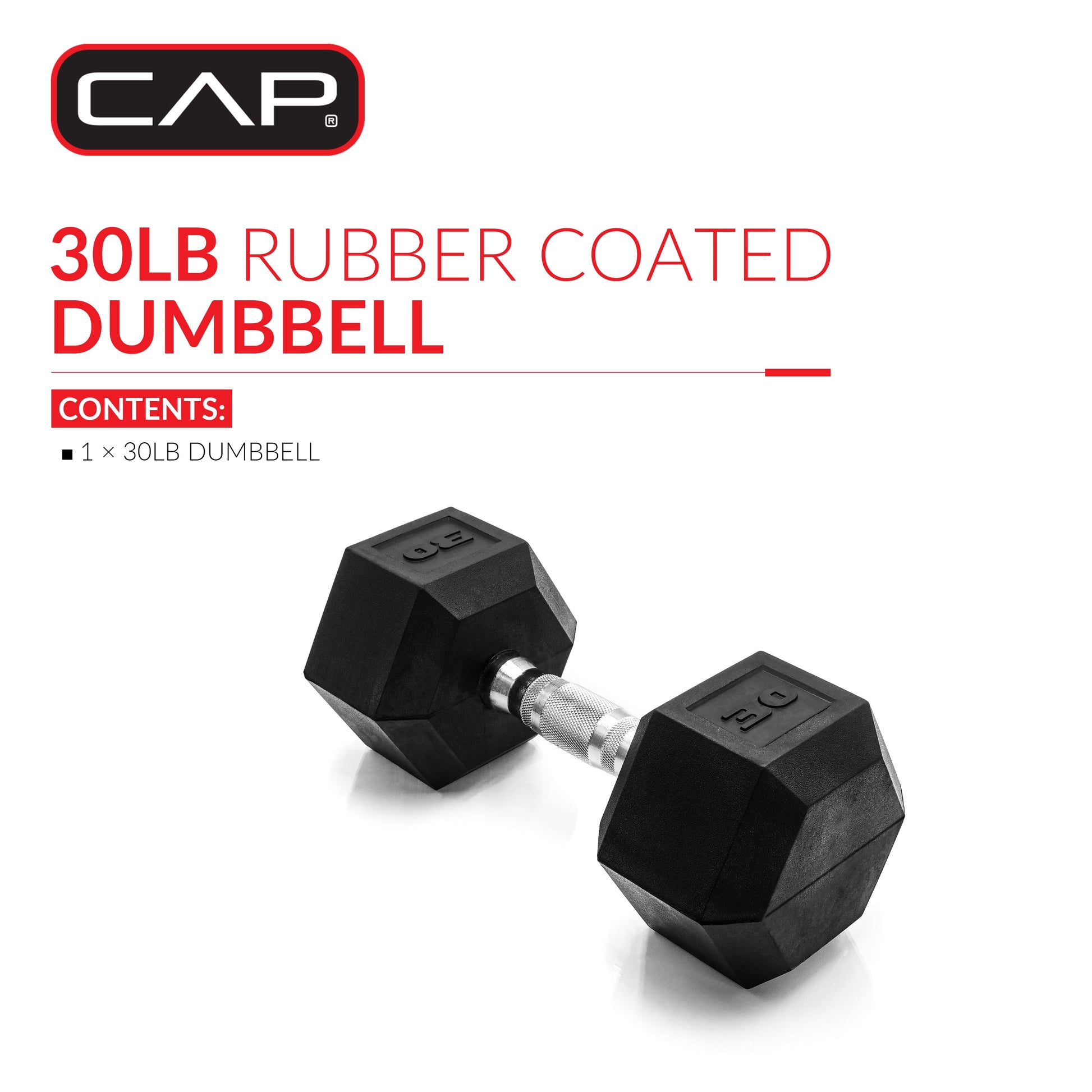 Barbell, 30Lb Rubber Hex Dumbbell, Single