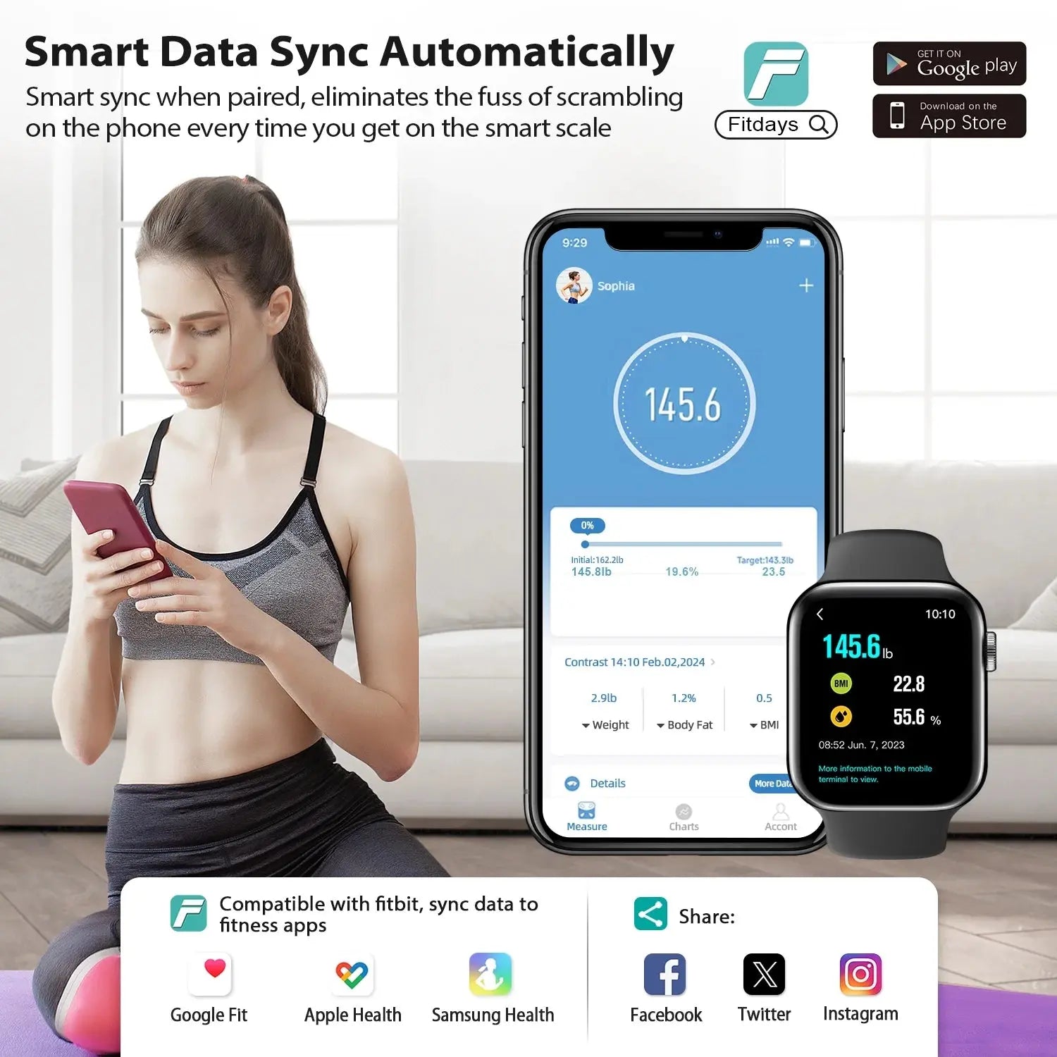 Smart Digital Scale for Body Weight and Fat Percentage Battery Powered, BMI Muscle Mass Composition Analyzer with Fitness App, 400Lb