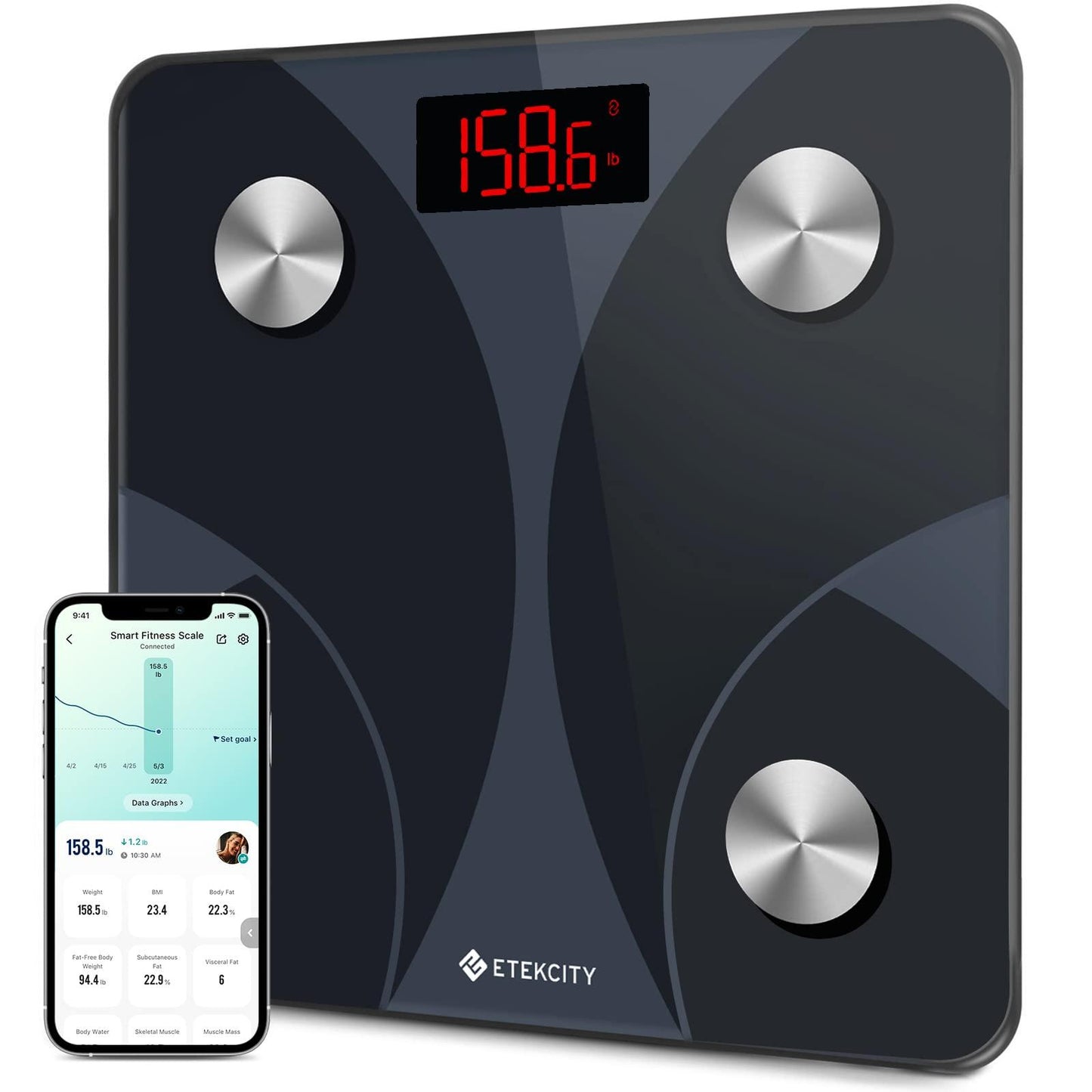 Etekcity Smart Scale for Body Weight, FSA&HSA Eligible, Bathroom Digital Weighing Scale with BMI, Body Fat, Muscle Mass, Accurate Bluetooth Home User Health Equipment Sync Apps, LED, Tempered glass