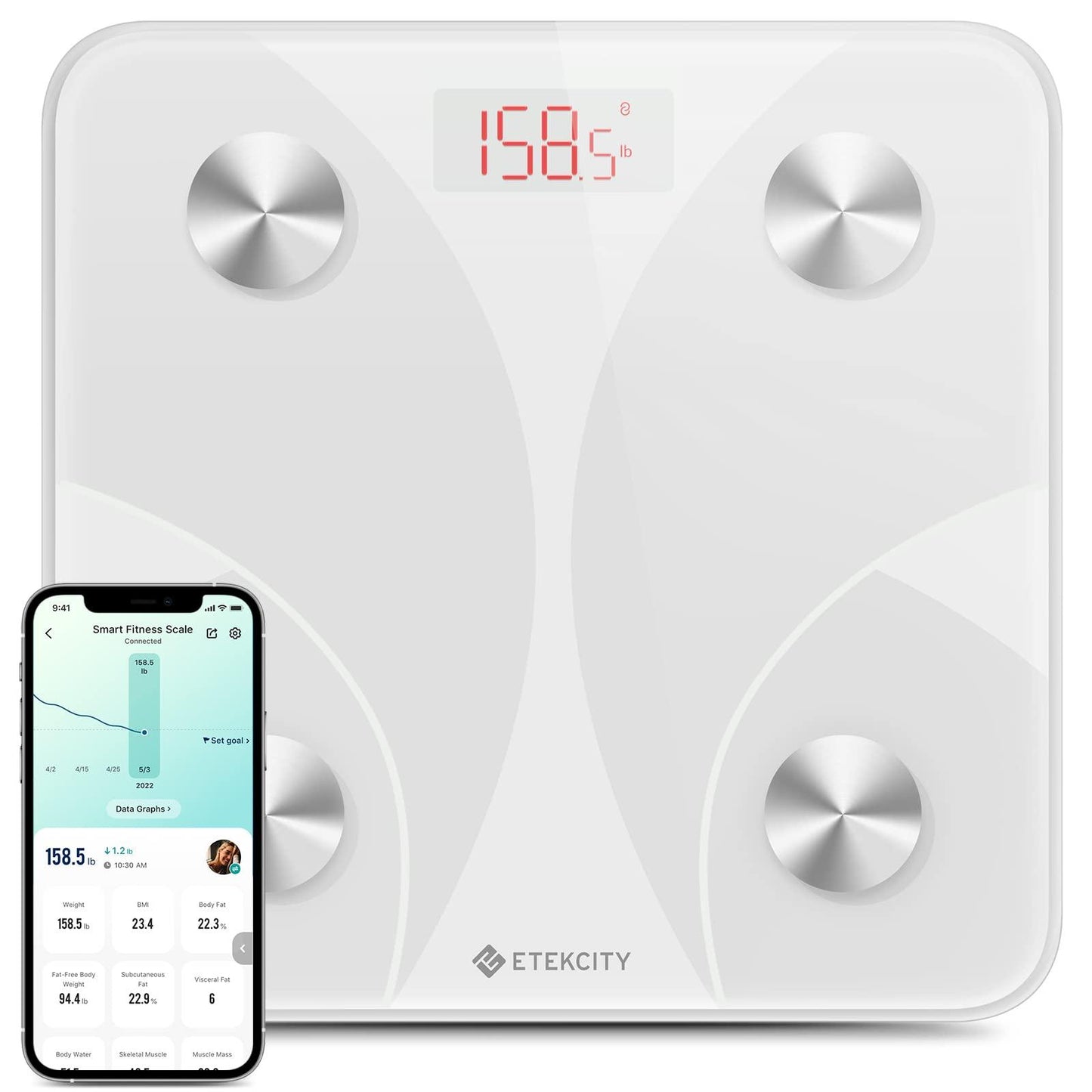 Etekcity Smart Scale for Body Weight, FSA&HSA Eligible, Bathroom Digital Weighing Scale with BMI, Body Fat, Muscle Mass, Accurate Bluetooth Home User Health Equipment Sync Apps, LED, Tempered glass