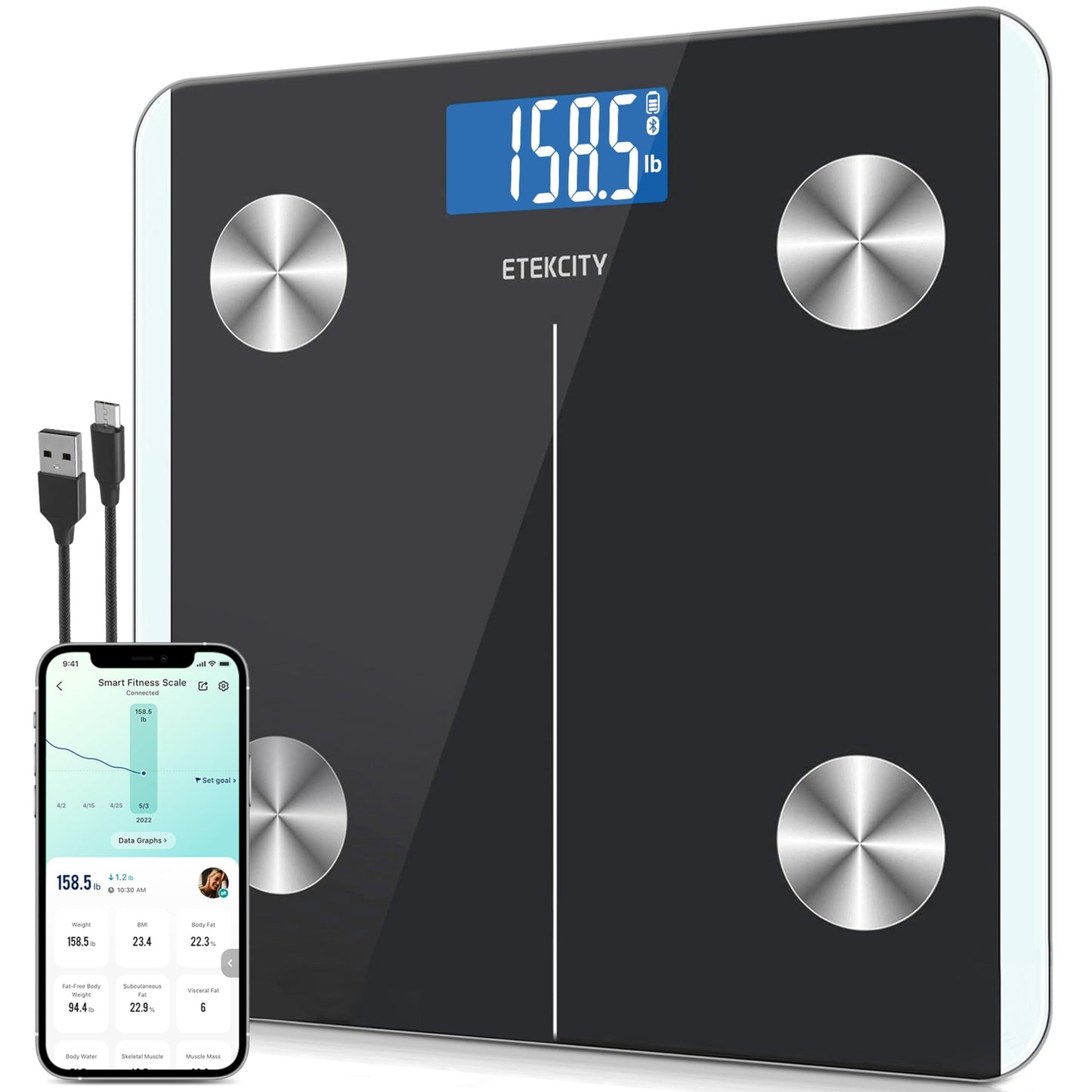 Etekcity Smart Scale for Body Weight, FSA&HSA Eligible, Bathroom Digital Weighing Scale with BMI, Body Fat, Muscle Mass, Accurate Bluetooth Home User Health Equipment Sync Apps, LED, Tempered glass