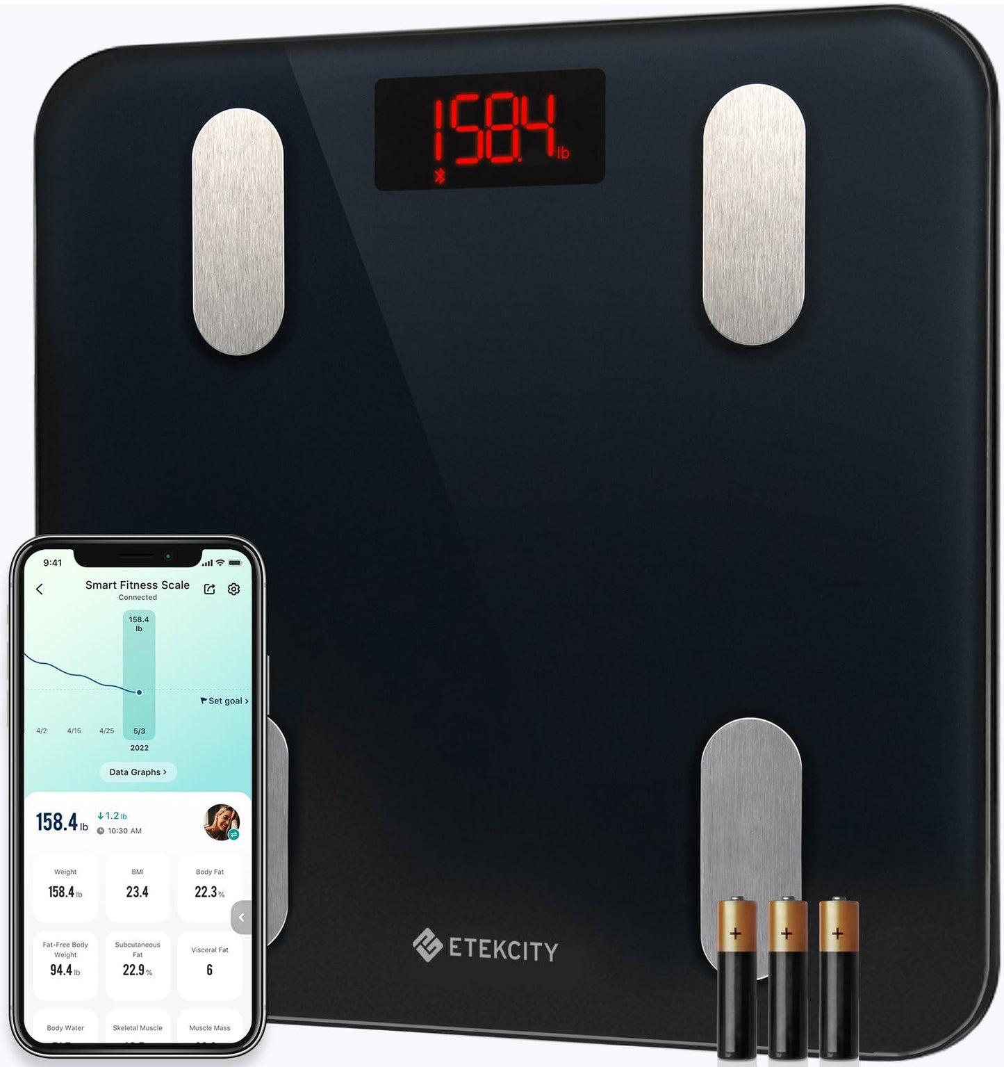 Etekcity Smart Scale for Body Weight, FSA&HSA Eligible, Bathroom Digital Weighing Scale with BMI, Body Fat, Muscle Mass, Accurate Bluetooth Home User Health Equipment Sync Apps, LED, Tempered glass