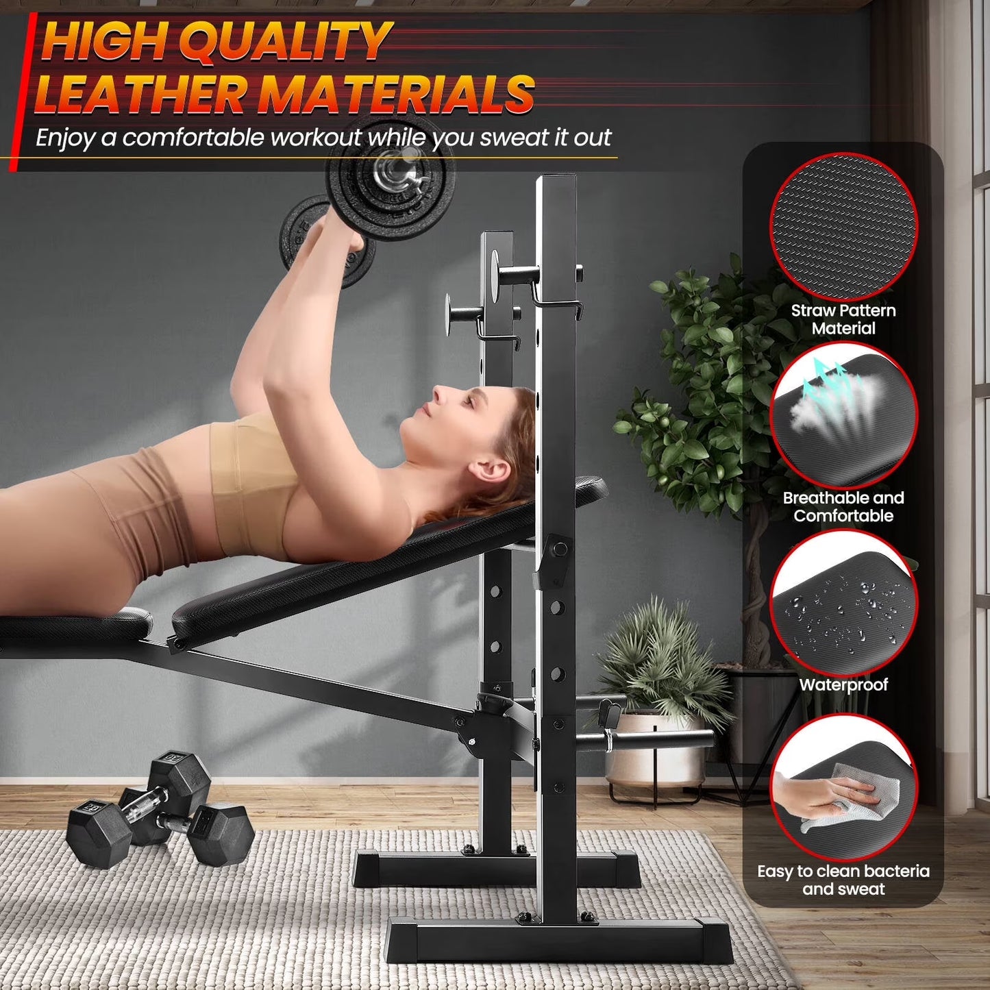 600LBS Foldable Weight Bench with Leg Extension and Leg Curl, Adjustable Workout Bench Set with Squat Rack, Olympic Bench Press for Home Gym Full-Body Strength Training