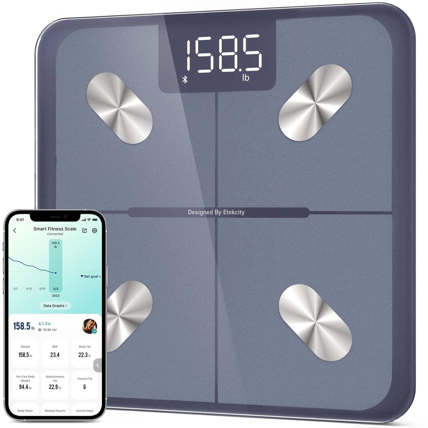 Etekcity Smart Scale for Body Weight, FSA&HSA Eligible, Bathroom Digital Weighing Scale with BMI, Body Fat, Muscle Mass, Accurate Bluetooth Home User Health Equipment Sync Apps, LED, Tempered glass
