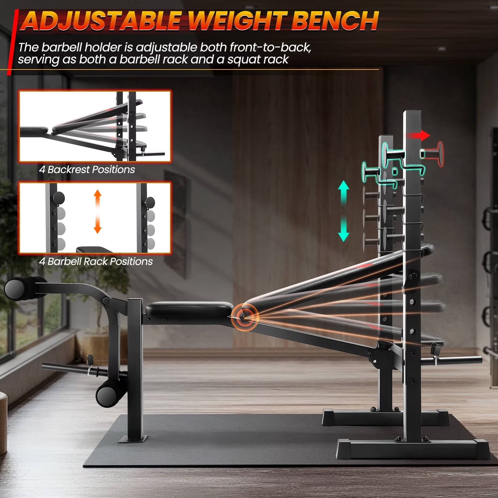 600LBS Foldable Weight Bench with Leg Extension and Leg Curl, Adjustable Workout Bench Set with Squat Rack, Olympic Bench Press for Home Gym Full-Body Strength Training