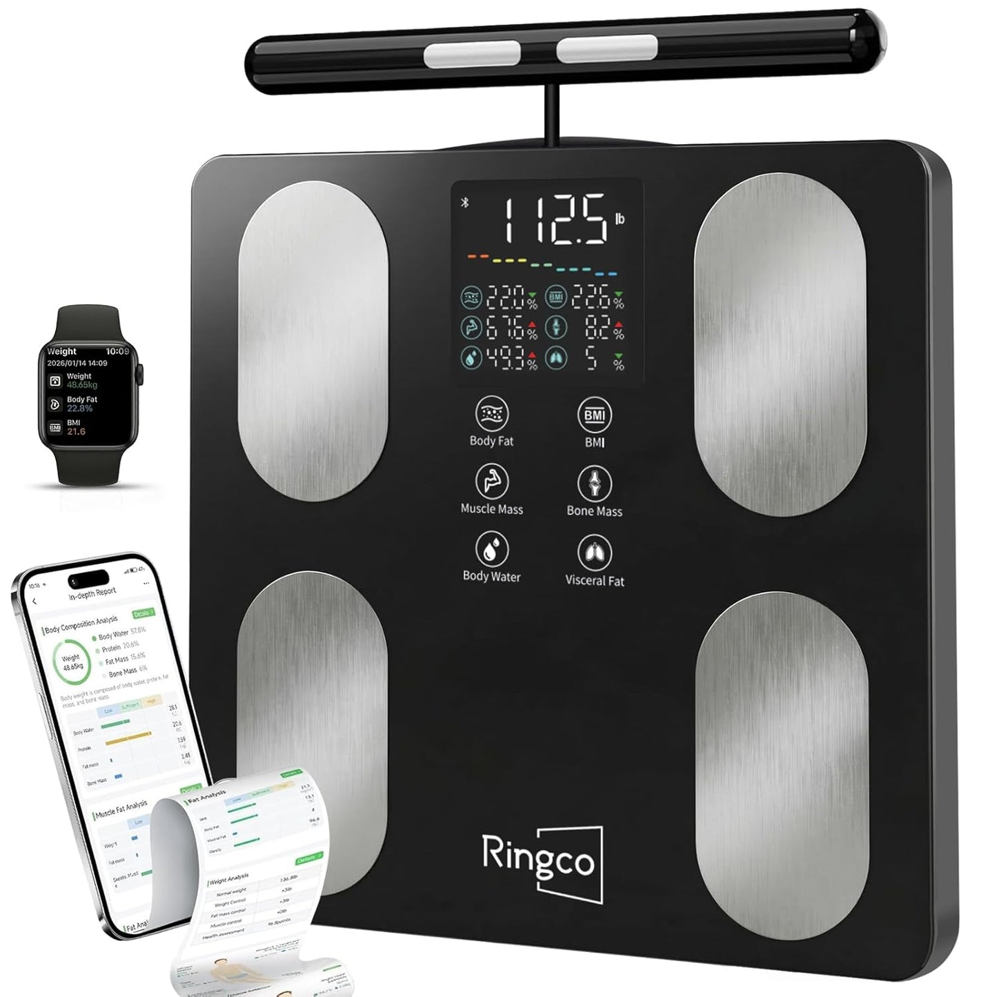 Body Pod Scale, Smart Scale with BMI Body Fat Muscle Mass, 8-Electrode High Precision Digital Bathroom Composition Analyzer with 12.2" Large Platform and 4.8" Display