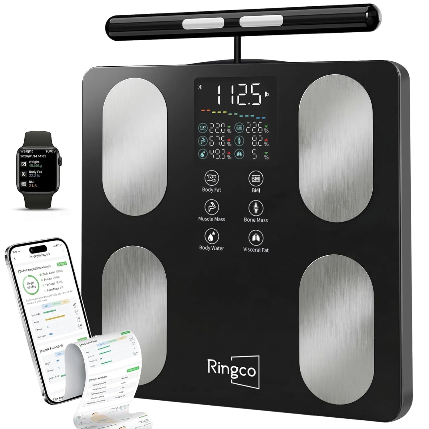 Body Pod Scale, Smart Scale with BMI Body Fat Muscle Mass, 8-Electrode High Precision Digital Bathroom Composition Analyzer with 12.2" Large Platform and 4.8" Display