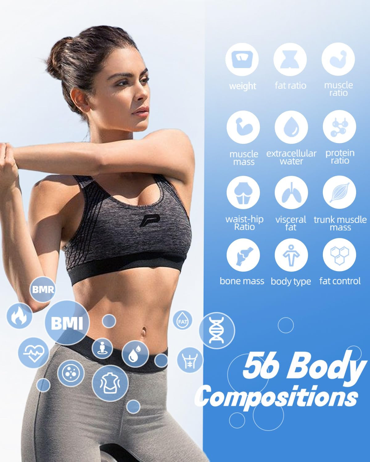 Smart Scale for Body Weight with BMI, Body Fat, Muscle Mass, 8 Electrode High Precision Bathroom Scale, Scale with App, 56 Body Composition Measurement